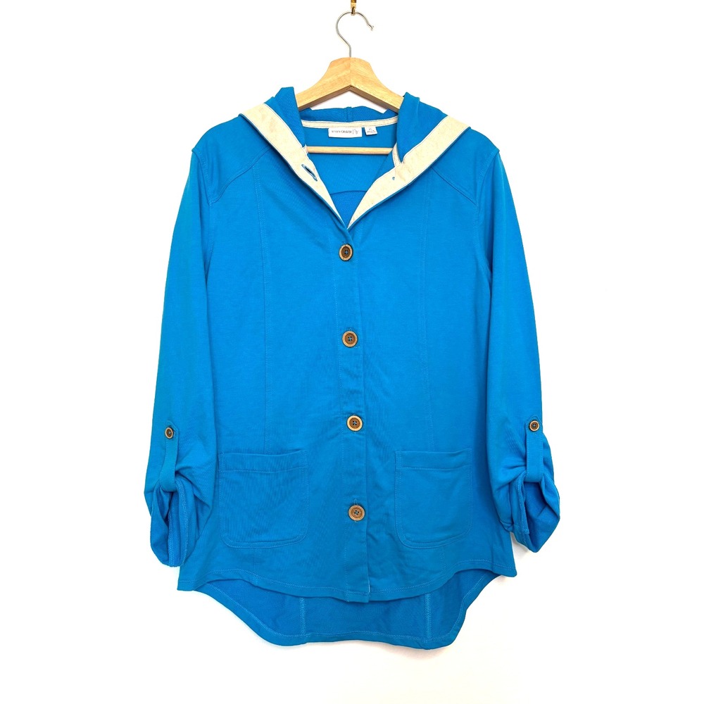 Susan Graver Weekend French Terry Roll Tab Sleeve Jacket‎ Bright Blue Size XS